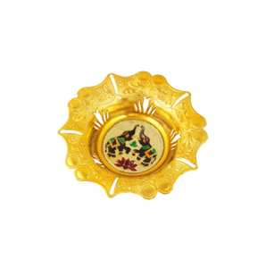 Ornate scalloped brass minakari bowl decorated with handcrafted twin <b>elephant</b> and lotus artwork, available at wholesale prices. - Product Image 1
