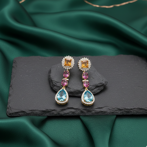 Boucles d'oreilles pendantes en argent 925 plaqué or 18 carats avec pierres multicolores, ovales jaunes et bleues en forme de poire, cadeau pour elle - Product Image 1