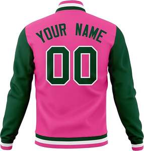 Vestes de baseball pour hommes personnalisées en gros avec logo brodé, style universitaire, décontractées, hiver, rose et vert - Product Image 3