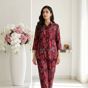 Ensemble Kurti et Palazzo en Rayonne et Coton Imprimé de Qualité Supérieure avec Broderie Métallisée – Léger, pour Usage Quotidien et Décontracté - Product Image 1