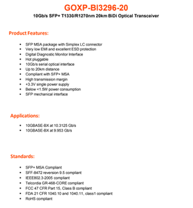 Módulo Transceptor Óptico GOXP BI3296 20 10G SFP+ BiDi 1330TX 1270RX 20KM Fibra Monomodo DDM Conector LC para Redes - Product Image 5