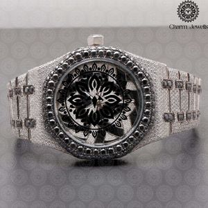 Charm Jewels Luxury Stainless Steel <b>Watch</b> 42mm Tonneau Case Analog Quartz Movement <b>Diamond</b> Encrusted Hollow Out Design - Product Image 1