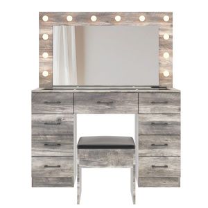 Large Lighted 12 LED Mirror Makeup Vanity Desk Set with 9 Drawers Glass Top Vanity Table with Power Outlet - Product Image 5