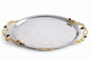 Bandeja de Servir Ovalada Plateada de Lujo ACMI con Asa de Hoja de Oro, Acabado Metálico Pulido, Diseño Elegante, Apta para Lavavajillas y Microondas, Uso Residencial - Product Image 3
