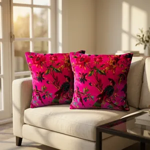 Hot Pink Velvet Pillow Cover Colorful Bird of Paradise Floral Print Decorative Cushion Cover for <b>Sofa</b> <b>Bed</b> and Home Decor Use - Product Image 1