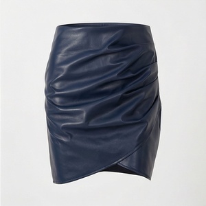 Women High Waist Faux Leather Mini Skirt <b>Asymmetrical</b> Ruched Shiny Solid Color Sexy Style All Seasons - Product Image 1
