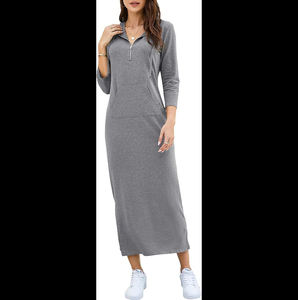 MISSKY Vestido maxi casual con capucha y cremallera de un cuarto, manga 3/4, ajustado, con abertura, para mujer - Product Image 1