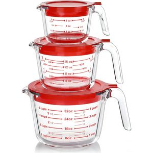 Juego de 6 Tazas Medidoras de Vidrio con Tapas, Jarras de 1, 2 y 4 Tazas con Asas, Kit de Herramientas de Medición de Líquidos Apilables - Product Image 1