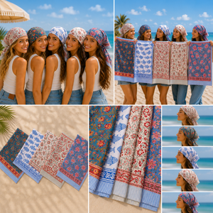 Pañuelos de Algodón con Estampado de Bloques Estilo Vintage 100x100cm, Diseño Floral y de Peces, Unisex, Decorativos, para Uso Casual, Coloridos - Product Image 5