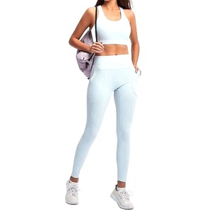 Women's Light <b>Blue</b> Yoga Sports <b>Bra</b> And Leggings Set Scoop Neck Racerback High Waist Seamless Activewear - Product Image 2
