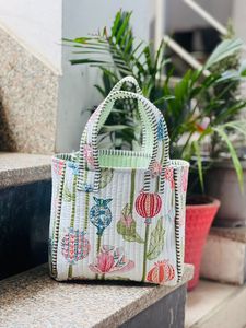Veer Handicrafts Striped <b>Canvas</b> Quilted Tote Bag Zipper Closure Striped Handles Bohemian Style Women's Shopping Travel <b>Beach</b> Bag - Product Image 1