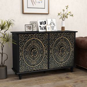 Buffet en bois sculpté vintage de 48 pouces avec 4 portes, grand espace de rangement, armoire décorative pour salon - Product Image 1
