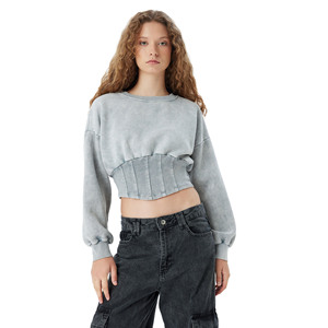 Sudadera Corta Oversize de Felpa 100% Algodón para Mujer, Manga Larga, Diseño Liso con Insignia Frontal y Forro Cálido - Product Image 2