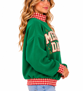 <b>Women's</b> Oversized <b>Christmas</b> Mockneck <b>Sweatshirt</b> Custom Embroidered Letter Design Plaid Collar Drop Shoulder Pullover - Product Image 6