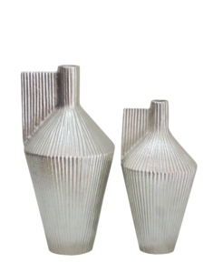 Set of 2 Decorative Metal Flower <b>Vases</b>, Modern Ribbed Texture Silver Planters for Home Decor, Tabletop, Living Room, Luxury - Product Image 2