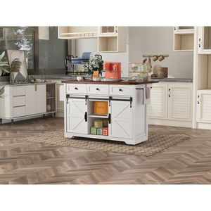 Carrello da Cucina Stile Fattoria K K da 53,7 Pollici con Presa di Corrente, 2 Ante Scorrevoli, Vano Portaoggetti e Porta Spezie a Scomparsa - Product Image 6