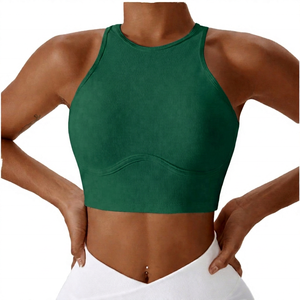 Soutien-gorge de sport côtelé respirant pour femme, col ras du cou, dos nageur, maintien élevé, pour yoga et fitness, blanc uni avec logo frontal - Product Image 4