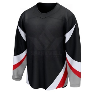 เสื้อฮอกกี้น้ำแข็งสีดำแบบกำหนดเองสำหรับผู้ชาย คอวี แขนยาว ระบายอากาศได้ดี ผลิตจากผ้าฝ้าย/ใยไผ่ ป้องกันรังสียูวี น้ำหนัก 220 กรัม สำหรับเล่นกีฬา - Product Image 2