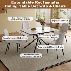 Set Tavolo da Pranzo Rettangolare Moderno con Piano in Pietra Sinterizzata Retrattile e Gambe in Acciaio al Carbonio Nero, Design Rettangolare Elegante - Product Image 4