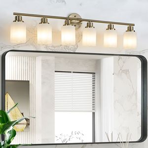 Applique da Parete Moderna a 6 Luci, 99 cm, Finitura Dorata con Paralumi in Vetro Satinato per Illuminazione Bagno e Corridoio, Lampadine Non Incluse - Product Image 3