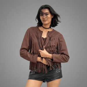 Womens Faux <b>Suede</b> Fringe <b>Jacket</b> & Studded Vegan Leather Shorts Set - Product Image 1