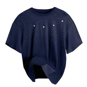Camiseta de manga corta oversize para hombre, azul oscuro, con estampado de estrellas y puntos, diseño casual de punto con cuello redondo, venta al por mayor, nuevo diseño con pedrería. - Product Image 6