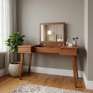 Modern Solid Wood <b>Vanity</b> Table Teak Mahogany Sungkai Flip Top Mirror Makeup <b>Desk</b> Side Storage <b>Drawers</b> Bedroom Dressing Console - Product Image 3