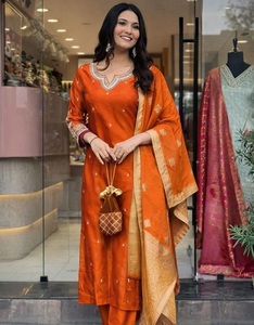 Orange Cotton Salwar Kameez Set Embroidered <b>Kurta</b> Pant Dupatta <b>Women</b> Ethnic Wear <b>for</b> Wedding Party and Festive Functions Fit - Product Image 1