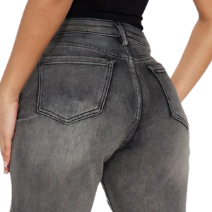 Shorts Bermuda en jean noir et gris taille haute pour femme, coupe ample, décontracté, longueur genou, ourlet brut, délavage enzymatique, Spandex/Coton, été - Product Image 4