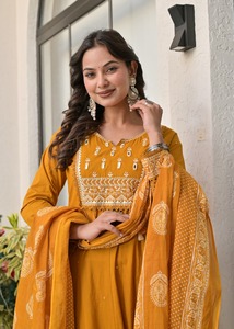 Women's Mustard Cotton <b>Kurta</b> With Pant And Dupatta Set Loose Fit Floor Length Traditional <b>Indian</b> Pakistani Style Casual Wear - Product Image 3