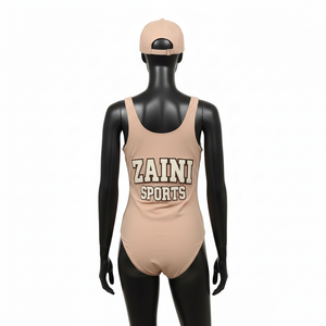 Maillot de bain une pièce pour femme en nylon et élasthanne 240 GSM de qualité supérieure, beige, avec empiècements sportifs et logo personnalisé par transfert thermique - Product Image 2