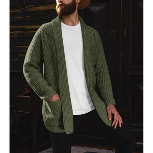 <b>Men's</b> Olive Green Knitted <b>Cardigan</b> Sweater <b>Shawl</b> <b>Collar</b> Long Sleeve Solid Color With Pockets Autumn Wear - Product Image 3