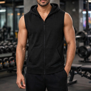 Men's Sleeveless <b>Hooded</b> Sweatshirt <b>Zip</b> up 100% Cotton Eco-Friendly Tank Regular Fit Gym Training Casual Wear 220g Patchwork - Product Image 2