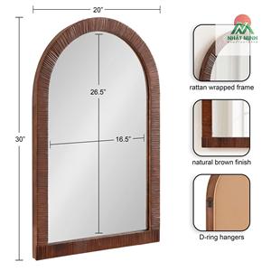 Espejo Arqueado de Ratán Estilo Boho, 20 x 30, Marrón, Espejo Decorativo de Pared con Marco de Ratán Auténtico para Baño o Tocador - Product Image 6