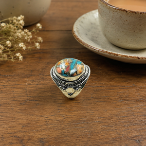 Natural Oyster Turquoise Mosaic Vintage Bezel Setting <b>Statement</b> <b>Ring</b> 925 Sterling <b>Silver</b> Handmade Boho Cocktail <b>Ring</b> Yellow Rose - Product Image 1