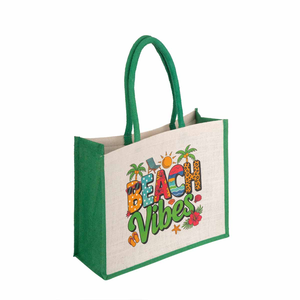 Beach Vibes Jute Tote <b>Bag</b> <b>Medium</b> <b>Size</b> Green Handles Geometric Pattern Zipper Closure Outdoor Use Shopping <b>Bag</b> - Product Image 1