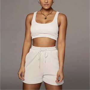 Ensemble deux pièces décontracté pour femme : débardeur court et short de sport à cordon, 100 % coton, longueur genou, idéal pour l'été - Product Image 4