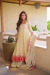 Cream Anarkali Suit Embroidered <b>Indian</b> Pakistani <b>Top</b> Long Coat Set With Dupatta for Wedding Party - Product Image 1