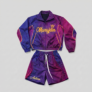 ชุดเซ็ตเสื้อแจ็คเก็ตและกางเกงขาสั้นสตรีทแวร์ผู้ชายแบบย้อมสีเอซิด พร้อมซิปสะท้อนแสง ปักโลโก้ ผ้าฝ้ายกันน้ำ ลายไล่เฉดสี - Product Image 4