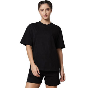 Conjunto de Verano para Mujer, Estilo Nuevo, 100% Algodón, Camiseta Negra Lisa con Cuello Redondo y Pantalones Cortos con Cintura Elástica, Secado Rápido, Moda Urbana - Product Image 1