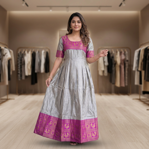 Robe Anarkali longue en soie argentée avec bordure violette, tenue traditionnelle indienne pour femmes, coupe ample, toutes saisons - Product Image 3