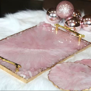 Plateau de service en résine artisanale TIMELESS CRAFT, thème quartz rose, avec bord peint en or, taille personnalisée, décoration de table - Product Image 5