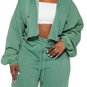Conjunto Deportivo de Sudadera Corta y Pantalones Deportivos con Logotipo Personalizado, Transpirable, Lavado Ácido, para Mujer - Product Image 3