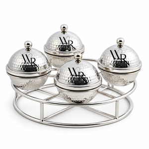 Decorative Silver Snack Bowls with Knobbed Lids and Circular Rack | Premium Tableware for Dates <b>Chocolates</b> Nuts Candy and <b>Treats</b> - Product Image 1
