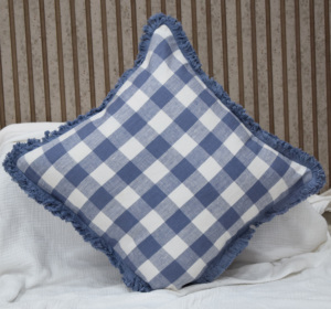 Funda de Almohada de Lino 100% Puro con Diseño a Cuadros, Funda de Cojín con Flecos, Decoración Rústica para el Hogar, Fabricante, Proveedor OEM y ODM - Product Image 3