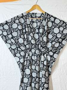 Robe Kaftan en Coton Floral Noir et Blanc pour Femme, Style Bohème, Maxi, Ample, pour la Plage et les Vacances d'Été, Grande Taille, Cache-maillot - Product Image 4