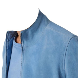 <b>Men's</b> Blue Suede Zip Up Jacket Stand Collar Casual <b>Leather</b> <b>Coat</b> - Product Image 5