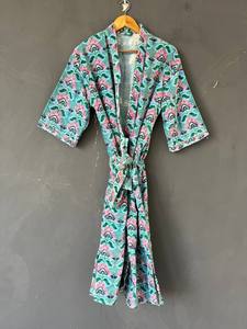 Kimono de Algodón con Estampado de Bloques y Cuello en V para Mujer, Kimono Largo de Algodón Indio Hecho a Mano, Túnica Maxi Estilo Boho - Product Image 5