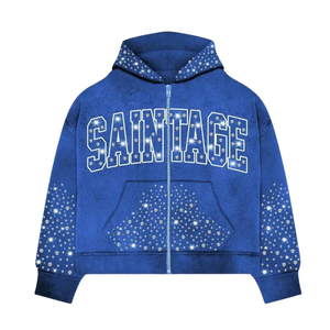 Blue Rhinestone Hoodie Zip Up Men Custom Logo Cotton Fleece Oversized Streetwear Sweatshirt Tracksuit Top Wholesale Supplier - Product Image 1