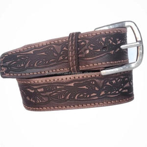 EMBOSSED WESTERN <b>LEATHER</b> <b>BELT</b> COWBOY RODEO CASUAL <b>LEATHER</b> <b>BELT</b> FLORAL EMBOSSING SILVER PLATED BUCKLE COWBOY <b>BELT</b> - Product Image 2